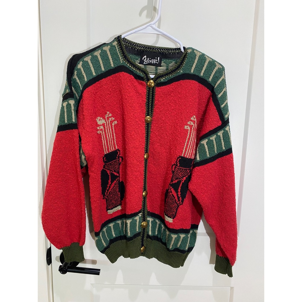 Felizzi Vintage Golf Cardigan Sweater Red Green Hand Loomed Cotton Womens Large